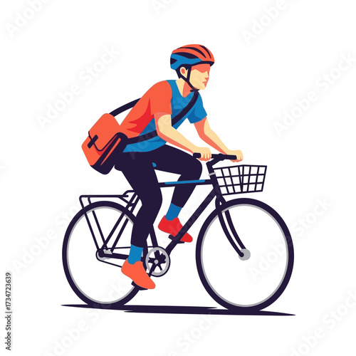 Illustration of a person riding a bicycle with a basket and bag.