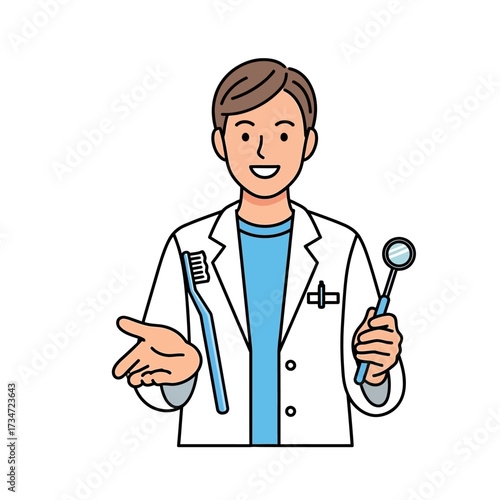 A friendly male dentist in a white coat holding a toothbrush and a dental mirror for a checkup.