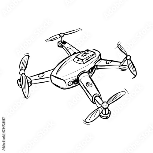 Drone illustration showcasing a detailed design with four propellers, sleek body, and advanced technology features, emphasizing innovation in aerial photography and videography