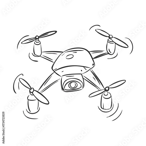 Drone illustration with four propellers, showcasing a compact design and camera, emphasizing aerial technology and innovation in modern photography and videography