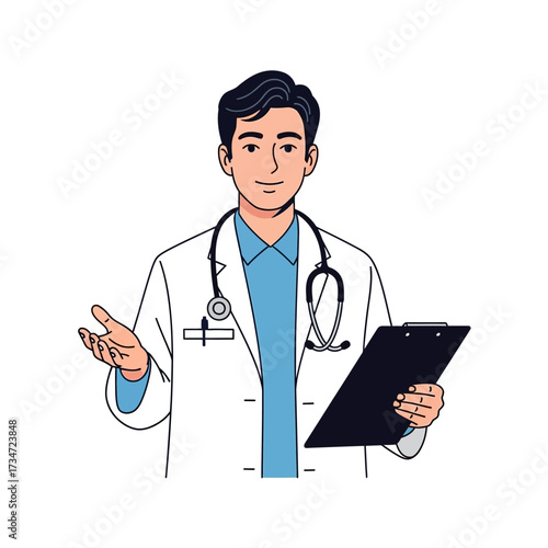 A friendly doctor in a white coat with a stethoscope around his neck, holding a clipboard.