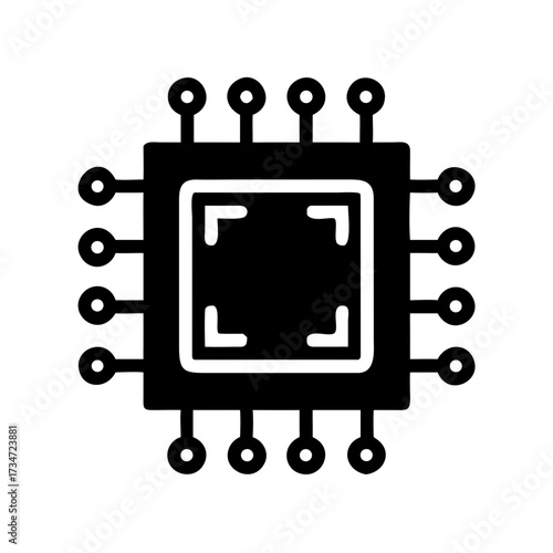 Black and white illustration of a microchip with intricate circuit patterns, symbolizing technology, innovation, and digital advancement in modern electronics and computing