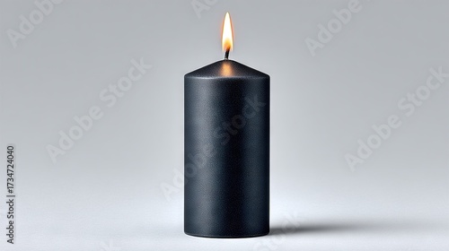  A black candle with a lit candle in its center sits on a white surface against a gray backdrop