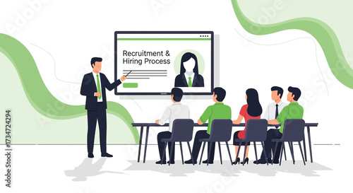 Business presentation on recruitment and hiring process with team members attending meeting