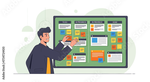 Business professional using kanban board for task management and project planning effectively