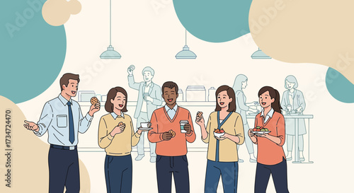 Business professionals enjoy break time with coffee and cookies at the office cafeteria illustration