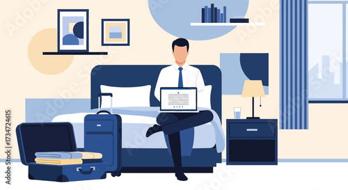 Business traveler working remotely in hotel room with luggage and laptop illustration
