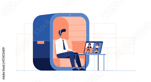 Businessman in a private office pod participating in a virtual conference meeting
