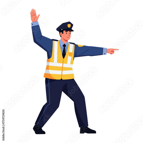 A police officer in uniform directing traffic with a raised hand and pointing gesture.