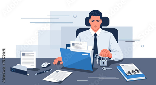 Businessman protecting confidential data with padlock and keys for secure access