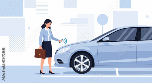 Businesswoman unlocking car with mobile app promoting modern automotive technology and convenience