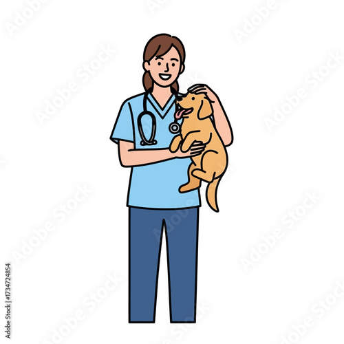 A smiling veterinarian in blue scrubs holding a golden retriever dog, showing care.