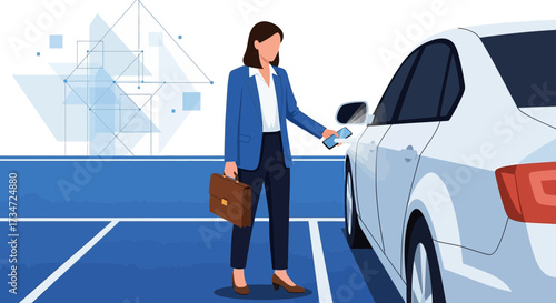 Businesswoman using mobile app to unlock her car in a modern parking area illustration