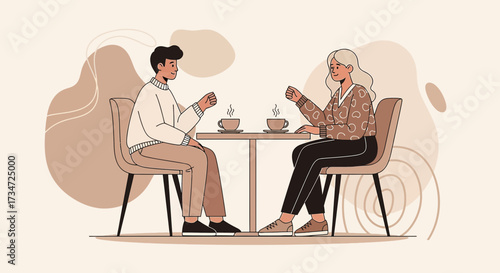 Casual meeting between a man and a woman enjoying coffee at a café flat vector illustration