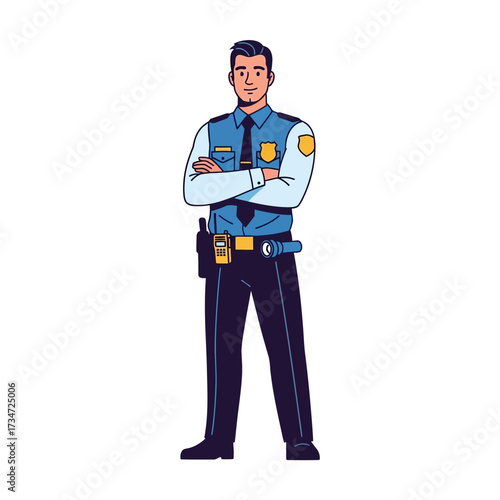 Full body illustration of a confident male police officer in uniform with arms crossed, standing.