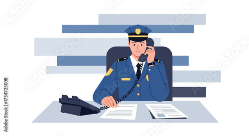 Cartoon police officer taking a phone call in a modern office environment illustration