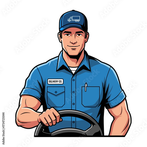 Delivery driver in uniform holding steering wheel, cartoon style.