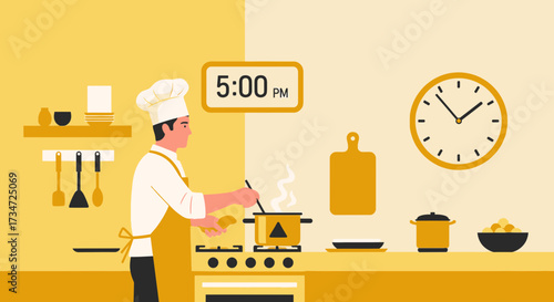 Chef preparing meal at 5 pm in a minimalist yellow kitchen illustration showcases culinary arts