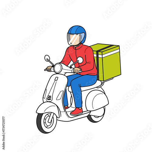 A person on a scooter with a delivery box, wearing a helmet and red jacket, line art illustration.