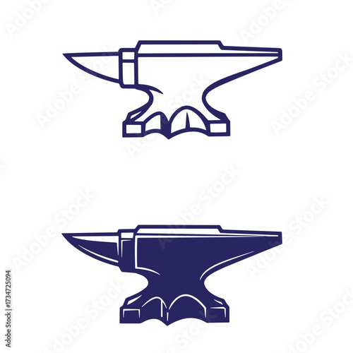Vector illustration depicting two stylized anvil designs in outlined and filled blue