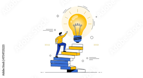 Concept of achieving success through effort and creativity illustrated with a man climbing stairs