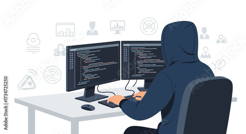 Conceptual illustration of a hacker working on dual monitors with code and data symbols