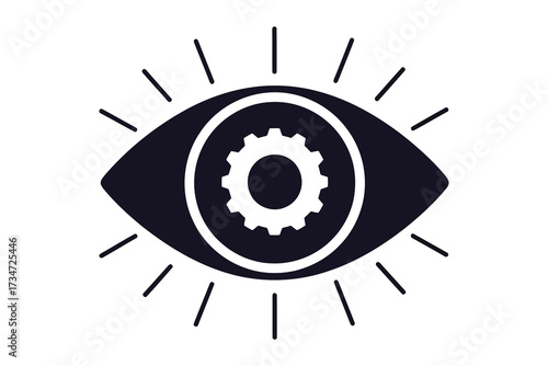 Vector art of eye with gear inside concept of vision, insight, and mechanical precision, symbolizing a focused and efficient approach to problemsolving and innovation