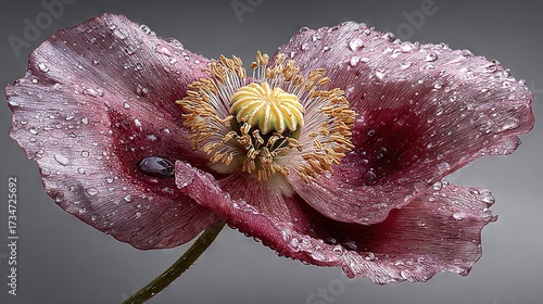   Close-up of a pink flower with water droplets on its petals and centered