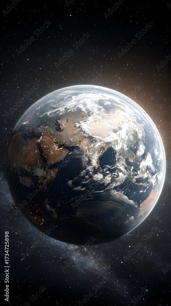 Naklejka premium Stunning view of Earth from space, showcasing continents, oceans, and city lights against a starry background, ideal for global concepts