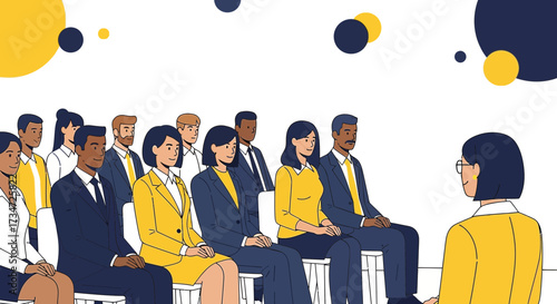 Diverse audience attentively listens to a speaker at a corporate event or conference showcasing