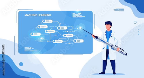 Doctor presents machine learning flowchart concept with pointer and a giant pen tool