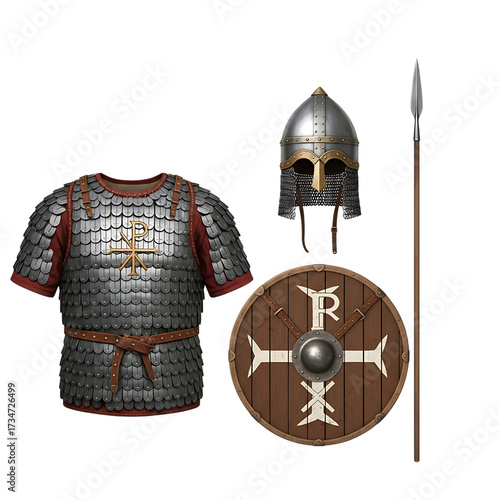 Ancient roman soldier armor helmet shield and spear isolated on transparent background