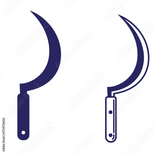 Vector illustration of two stylized crescent shaped scythes with different outlines on white background