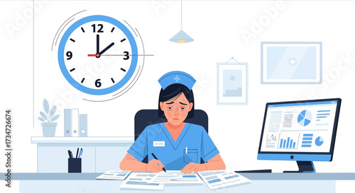 Exhausted nurse working overtime in hospital filling medical records, feeling stressed