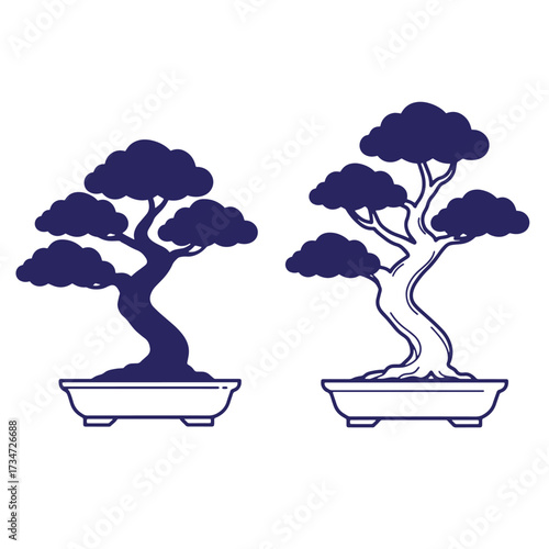 Vector illustration of two stylized bonsai trees in dark blue on a white background.