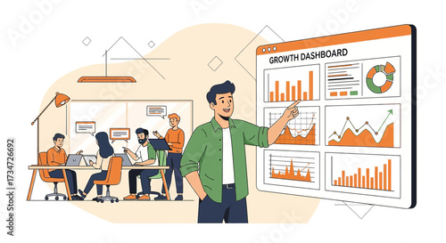 Engaging Presentation: Man Explaining Growth Dashboard to Team in Modern Office Setting