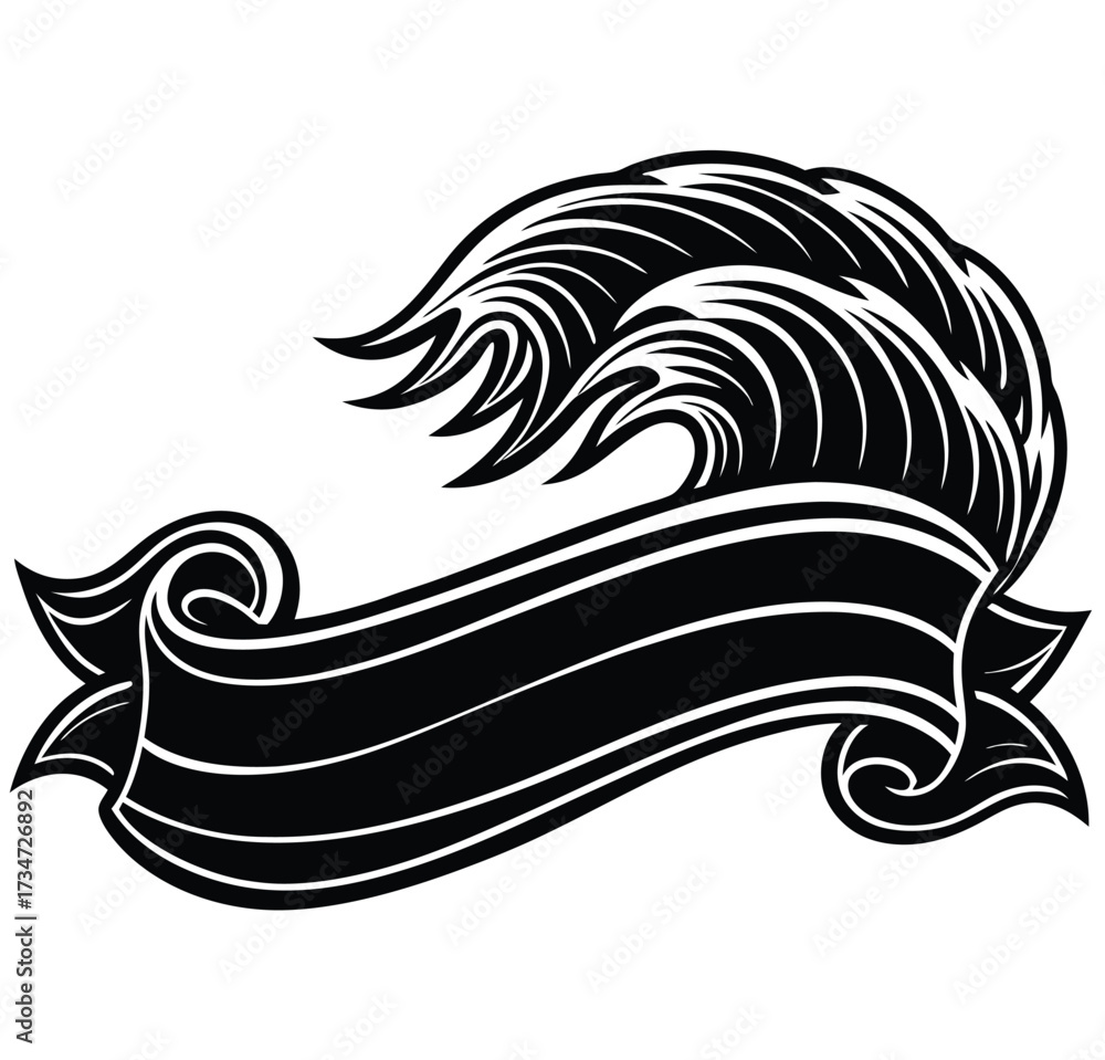 Fototapeta premium Black and white vector illustration of a tribal tattoo design with a floral pattern, swirl elements, and a silhouette of a bird