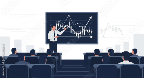 Financial seminar: Presenter explains stock market trends to an audience in a classroom setting