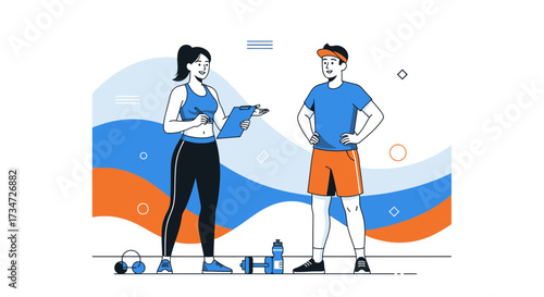 Fitness consultation with personal trainer and client reviewing training progress together in gym