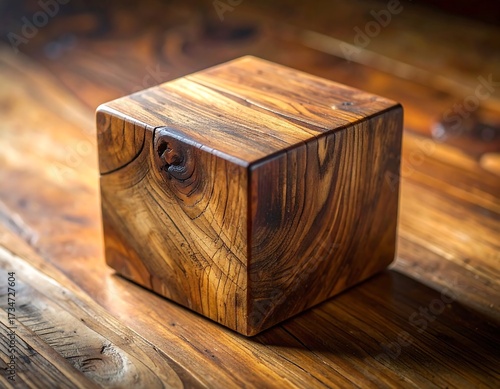 A rich, warm-toned wooden cube sits on a rustic wooden surface, showcasing intricate wood grain patterns.