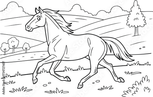 Cartoon Horse Galloping Freely in a Black and White Landscape