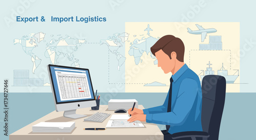 Illustration depicting a worker managing export and import logistics in the office environment