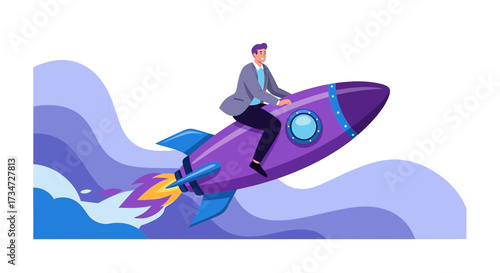 Illustration of a businessman riding a rocket symbolizing career growth and success accelerating