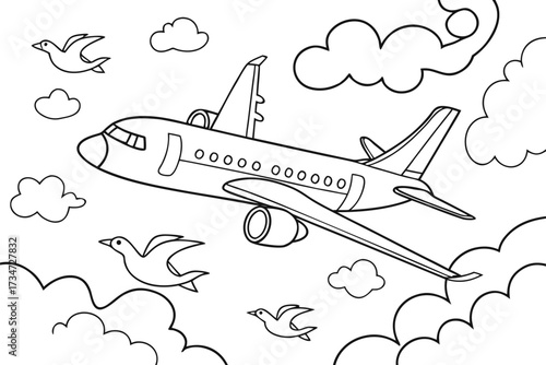 Airplane flying in the sky with birds and clouds coloring page