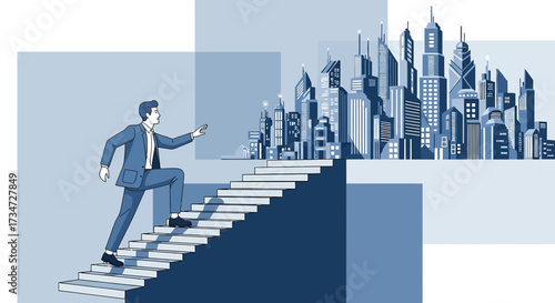 Illustration of a businessman climbing stairs towards a cityscape representing success
