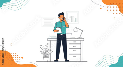 Illustration of a businessman taking a phone call in his minimalist office setting
