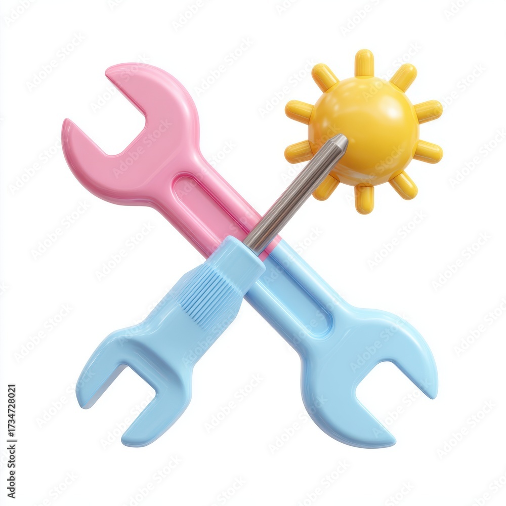 Obraz premium Crossed wrenches and a sun icon with a screwdriver tool