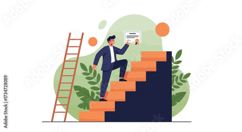 Illustration of a man climbing stairs to success holding a certificate symbolizing career growth