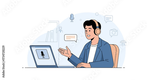 Illustration of a man with headphones using a laptop for online communication or podcasting