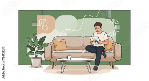 Illustration of a man using a tablet on a sofa in a modern living room setting at home